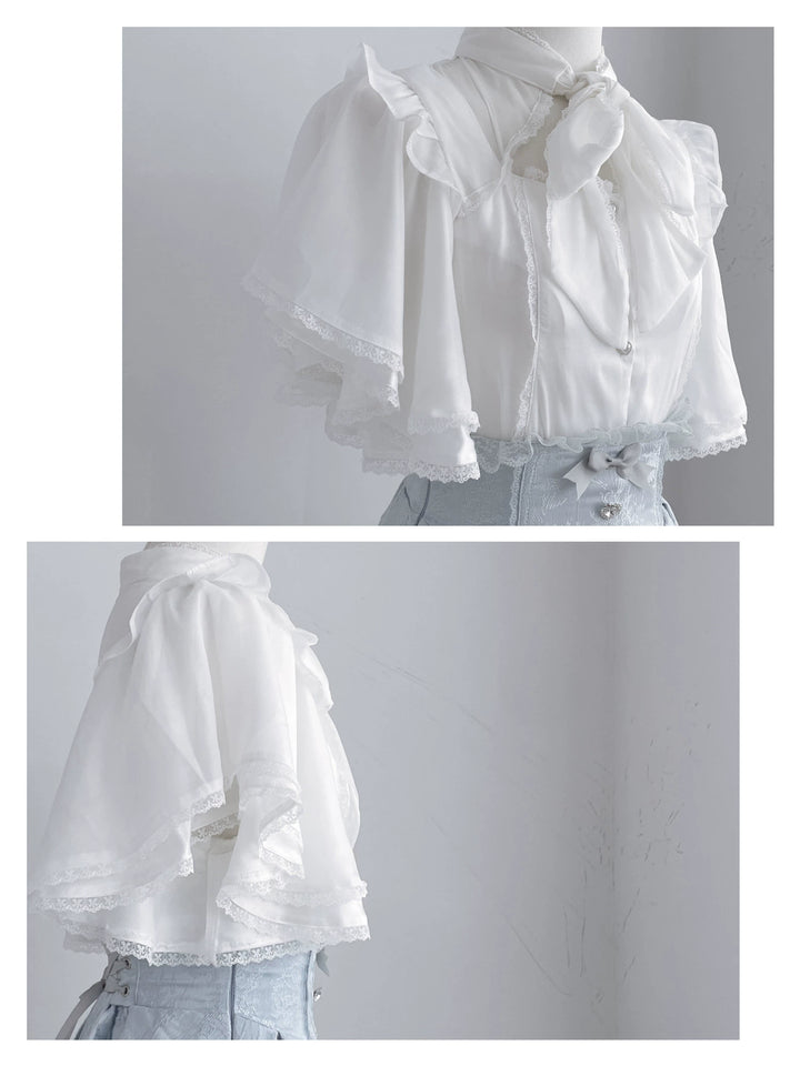 Ruffled Cape Sleeves Jirai Kei Blouse With Heart Pearl Buttons 43036:762555