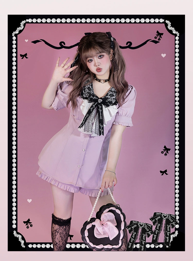 Plus Size Jirai Kei Blouse Short Sets Pink Black Full Set 21886:317294