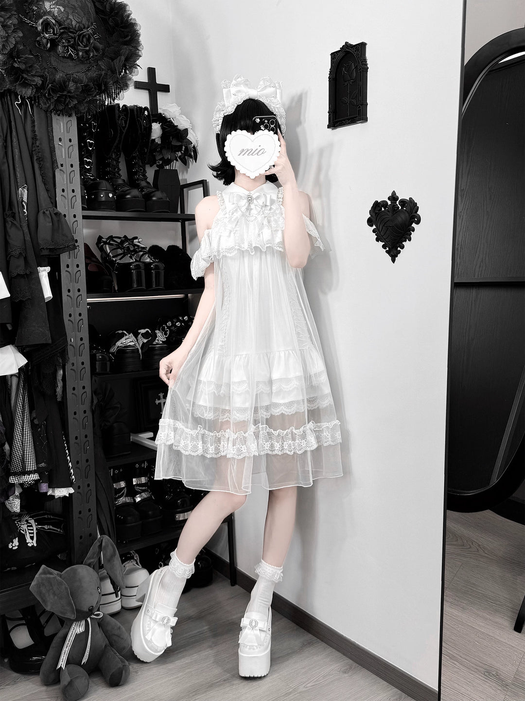 White Lace Open Shoulder Dress, Voile Outer Layered 45423:850592