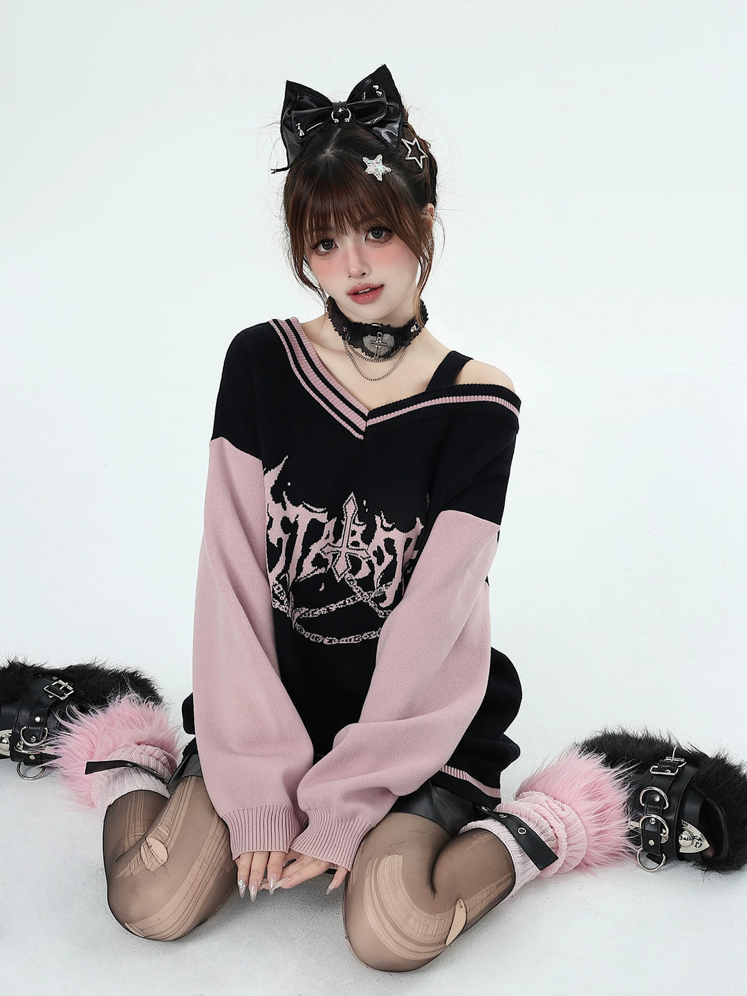 Y2K Sweater Gyaru V-neck Black-Pink Sweater For Winter 41790:713716