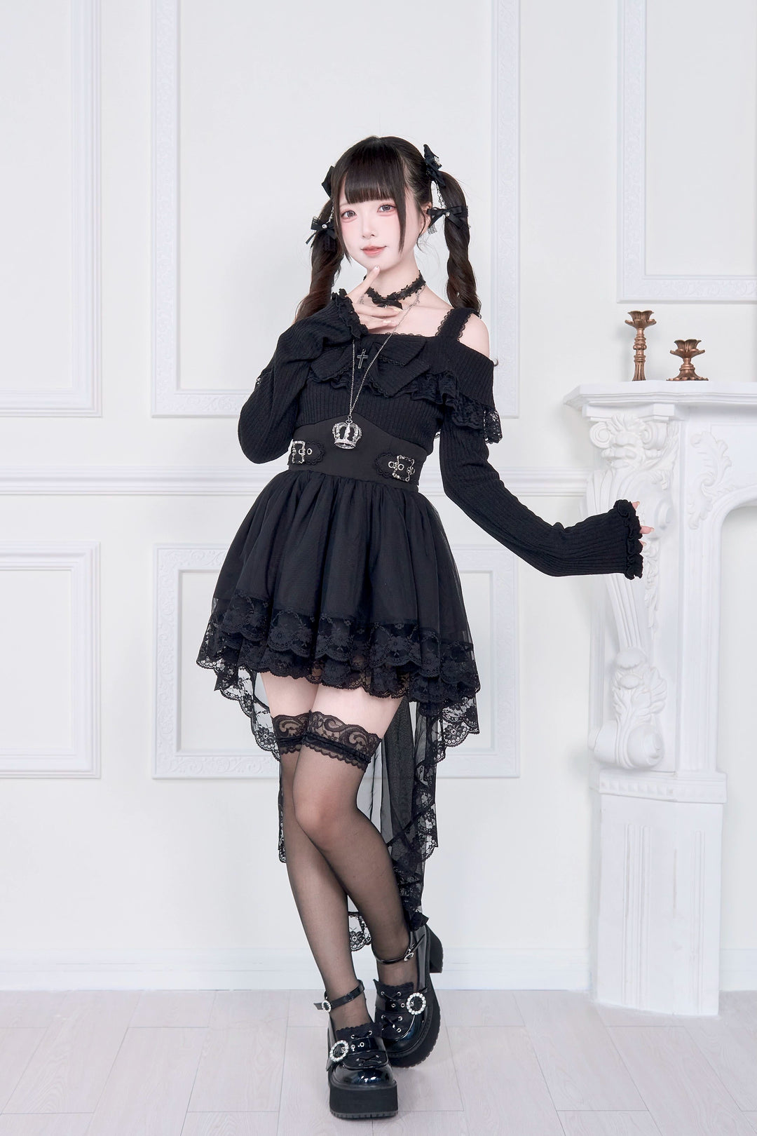 Faux Two-piece Jirai Kei Open Shoulder Dress 43866:787841