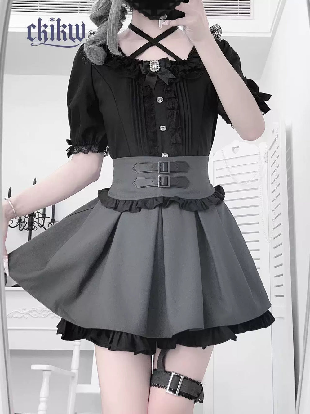 Lace Square Neck Jirai Kei Blouse, Detachable Rhinestone Bow (L M S) 43611:780672