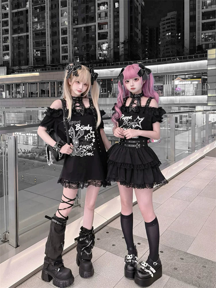 Halter Neck Punk Bunny Print T-shirt, Layered Star Skirt 45361:851440