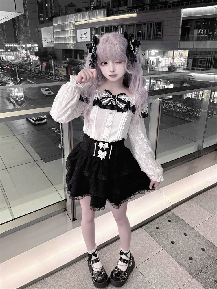 Jirai Kei Off Shoulder Blouse, Lace Layered Skirt 45576:856320