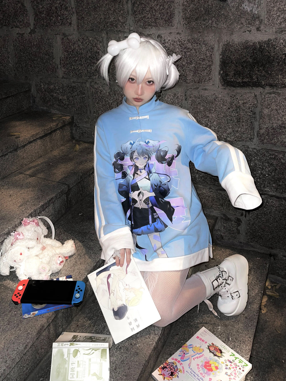 Jirai Kei Sweatshirt Blue Fleece Hoodie 35190:484780 35190:484780