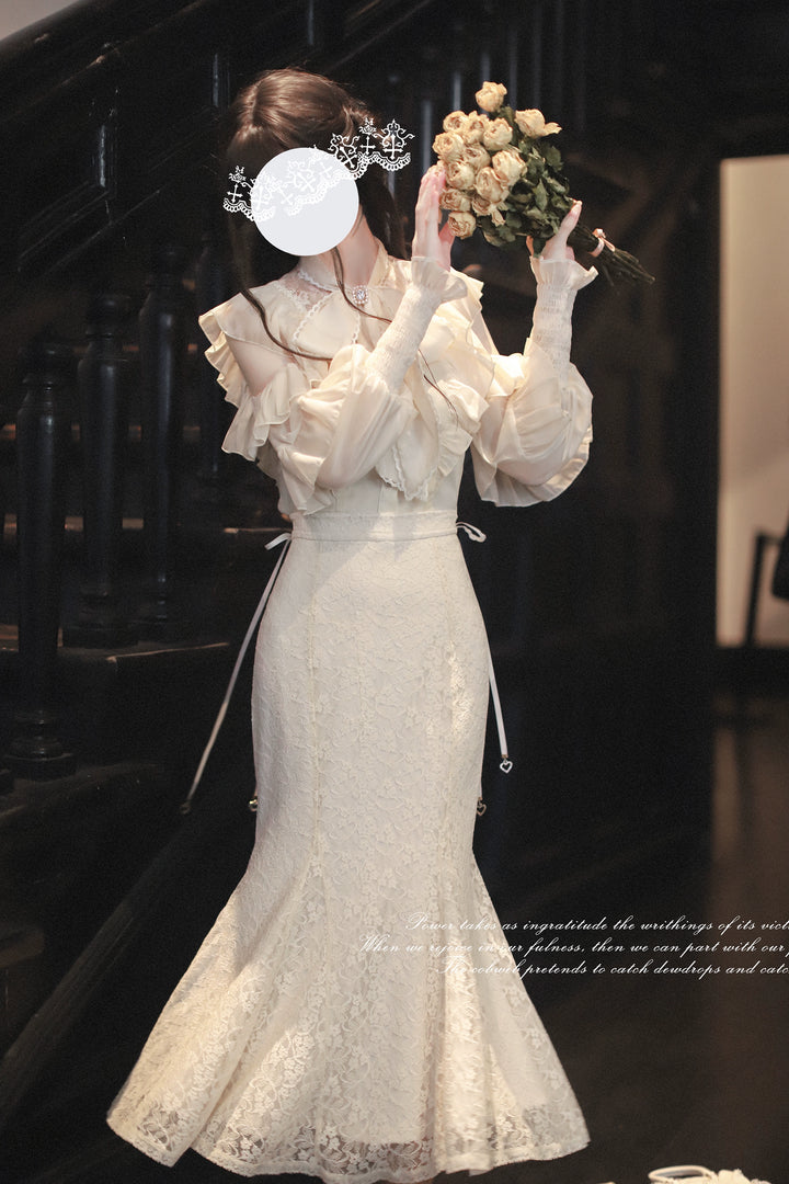 Elegant Open-Shoulder Blouse, Lace Mermaid Skirt (L M S XL) 44039:793639