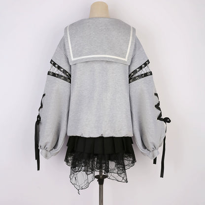 Jirai Kei Outfit Set Gothic Sailor Collar Sweatshirt Set 35762:517400