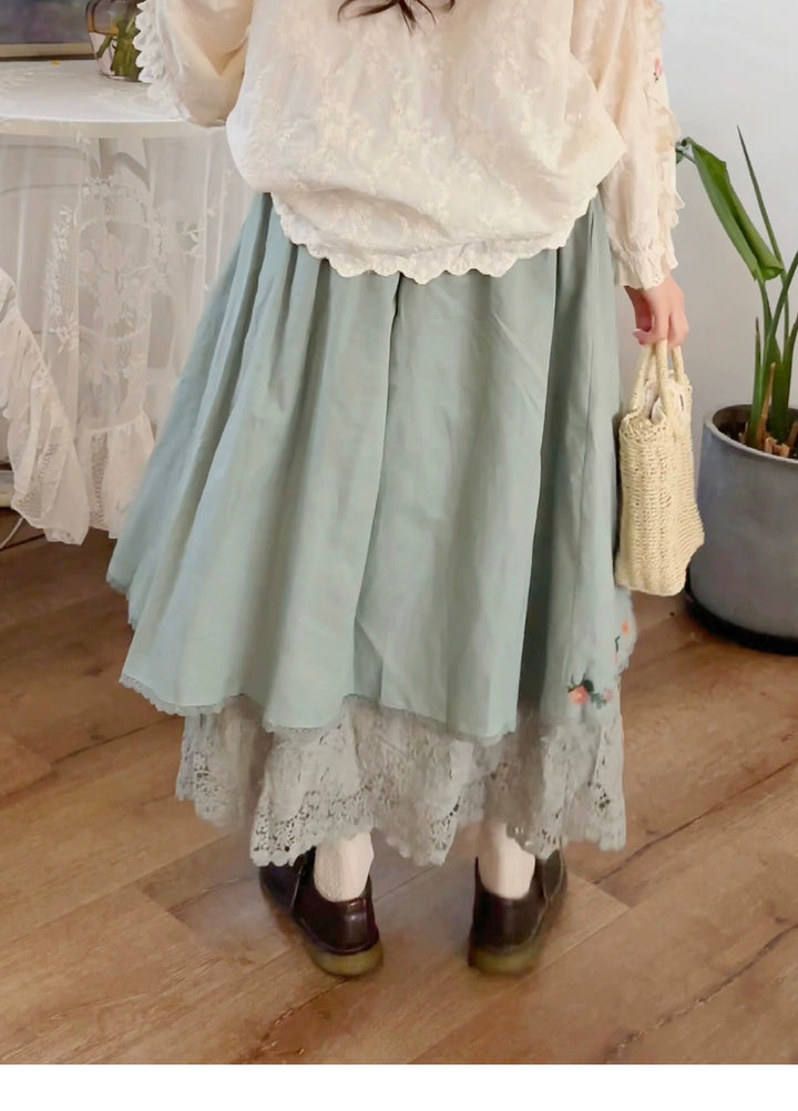 Mori Kei Skirt Sweet Retro Linen Embroidered Long Skirt 41802:714074