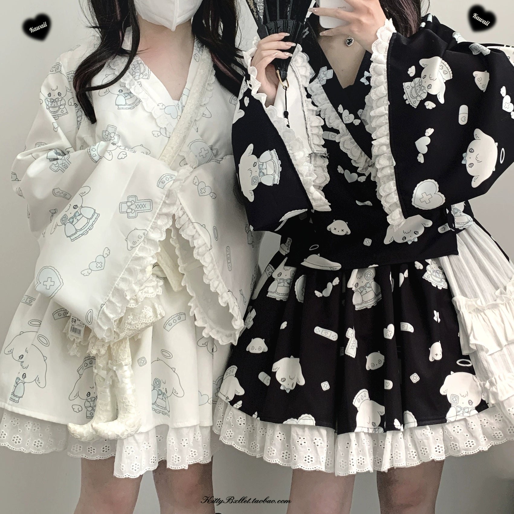 Tenshi Kaiwai Patchwork Skirt Kimono Top White Apron Three-Piece Set 36786:536686