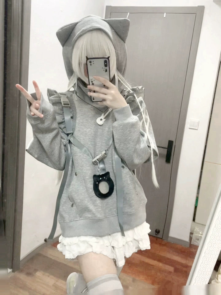 Jirai Kei Hoodie Lace-up Cat Ear Sweatshit Grey Top 39704:637024