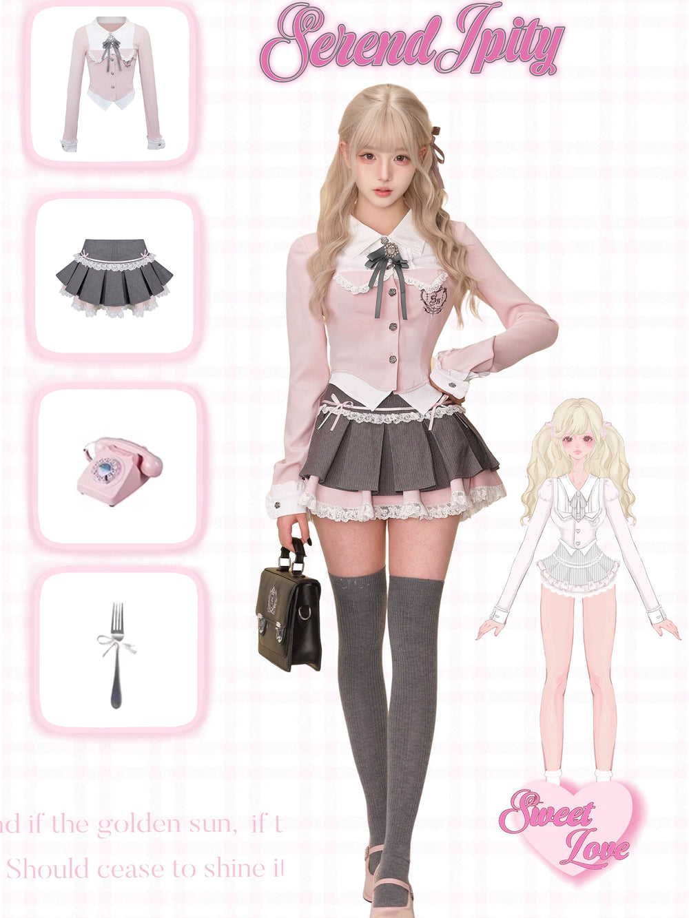 Preppy-Style Gyaru Outfit, Slim-Fit Blouse + Pleated Skirt 43435:779707