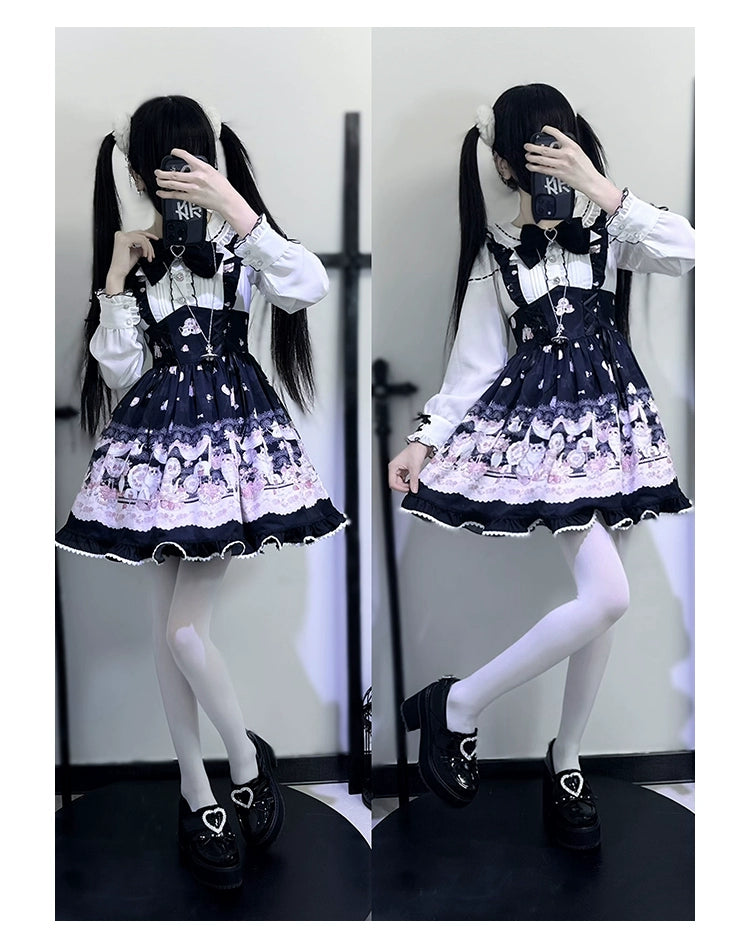 Kawaii Ryousangata Dress Long-sleeved Cat Printed OP Dress 40560:664784