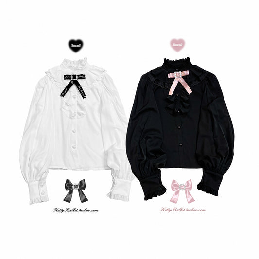 Jirai Kei White Black Blouse Ruffle Long Sleeve Shirt 31864:371778