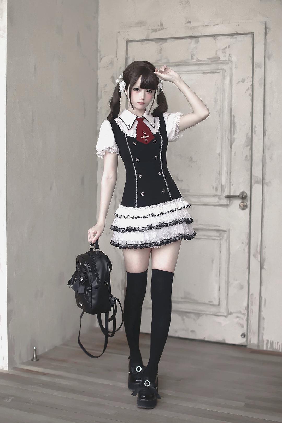 Preppy Style Low-Waist Dress Set, Cross Details 44746:823824