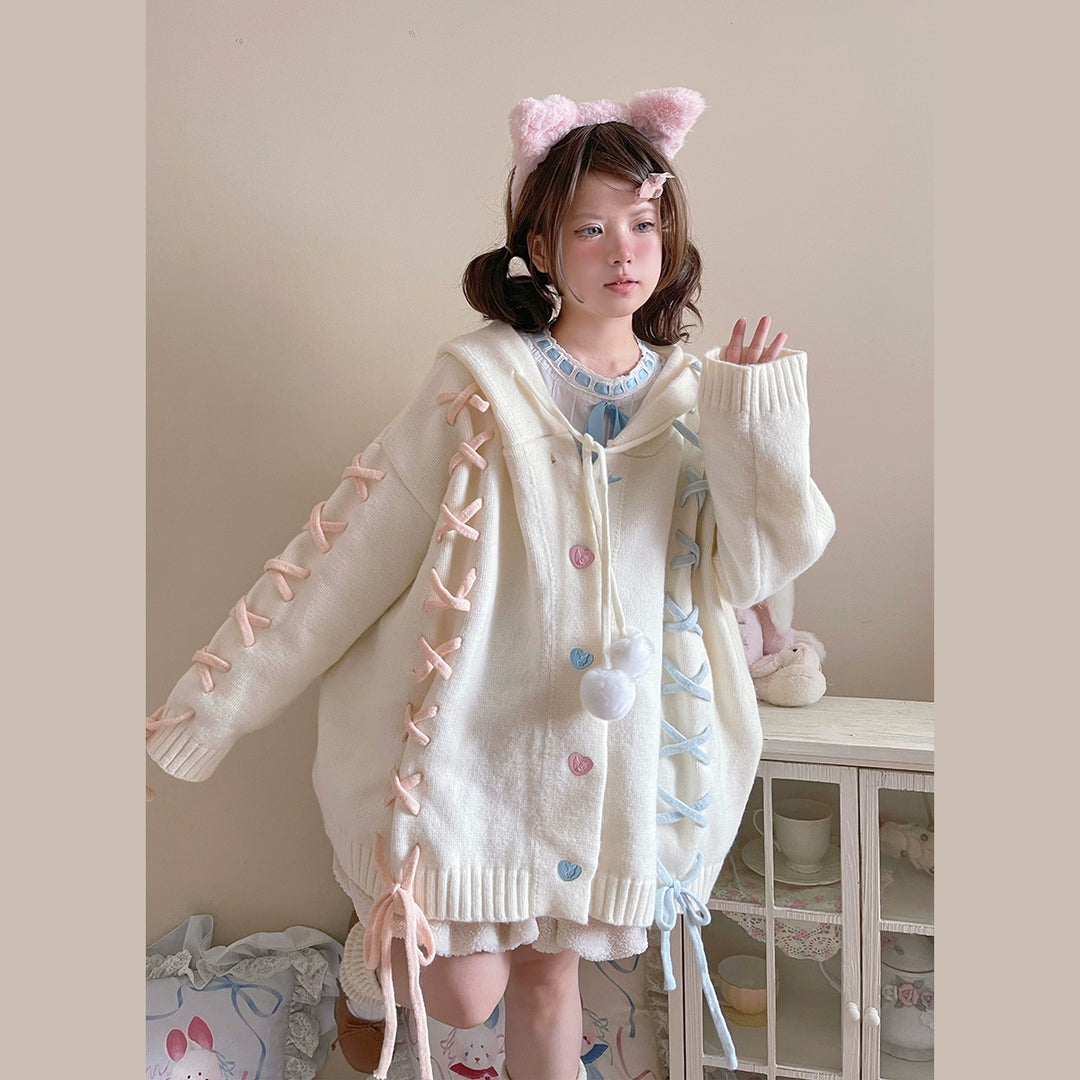 Kawaii White Pink Blue Cardigan Bunny Ears Sweater Coat 22658:345306 22658:345306