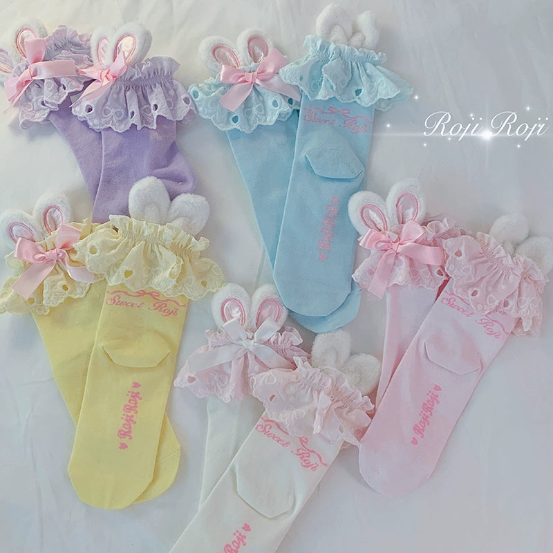 Kawaii Lolita Socks Bunny Ear Socks Lace Bow Short Socks (Pink Purple White Yellow) 36574:564216