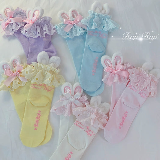 Kawaii Lolita Socks Bunny Ear Socks Lace Bow Short Socks (Pink Purple White Yellow) 36574:564216