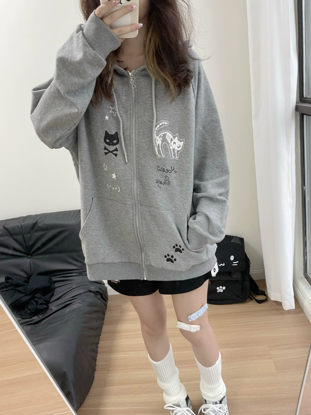 Yami Kawaii Coat Skull Cat Print Grey Hoodie Jacket 39706:637114