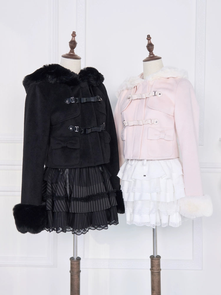 Hooded Rousangata Short Coat, Detachable Plush Cuffs 44116:796414