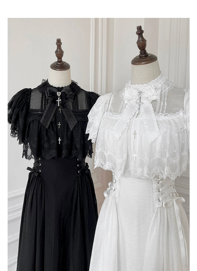 Black / White Jirai Kei Long Dress, Detachable Bow, Cross Detail 43510:778752