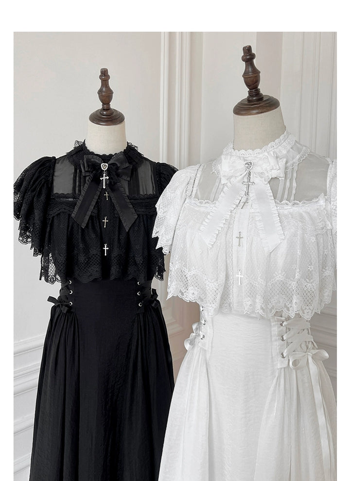 Black / White Jirai Kei Long Dress, Detachable Bow, Cross Detail 43510:778752