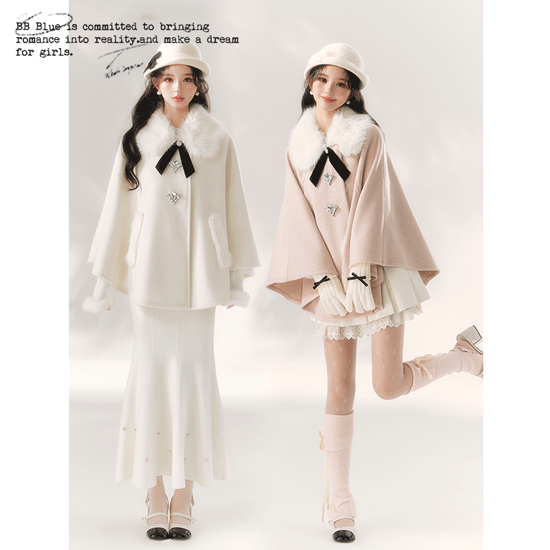 Jirai Kei Cape Woolen Coat Winter Fur Collar Coat 41062:685458