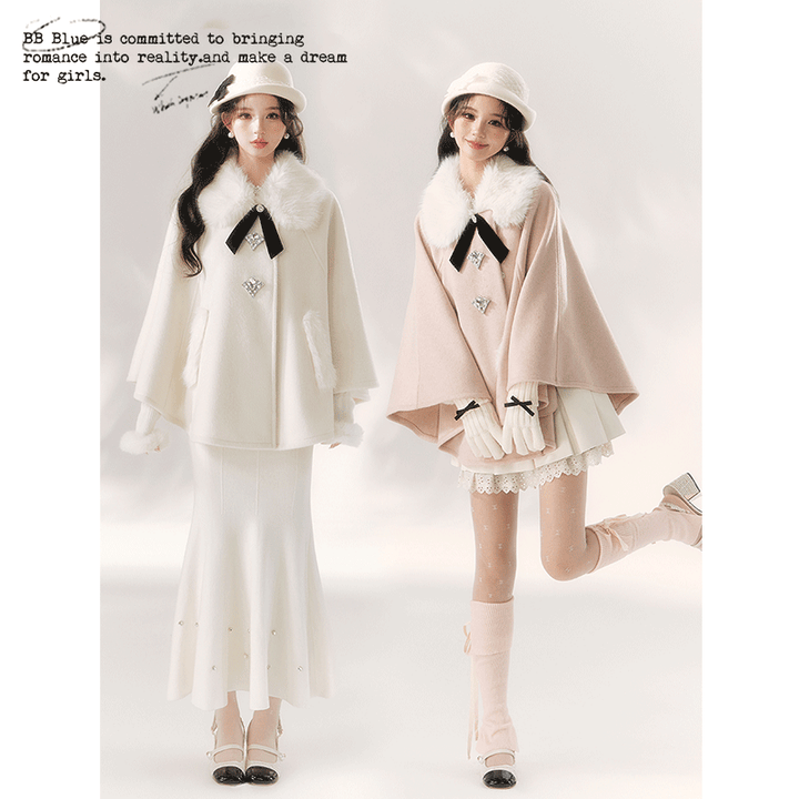 Jirai Kei Cape Woolen Coat Winter Fur Collar Coat 41062:685458