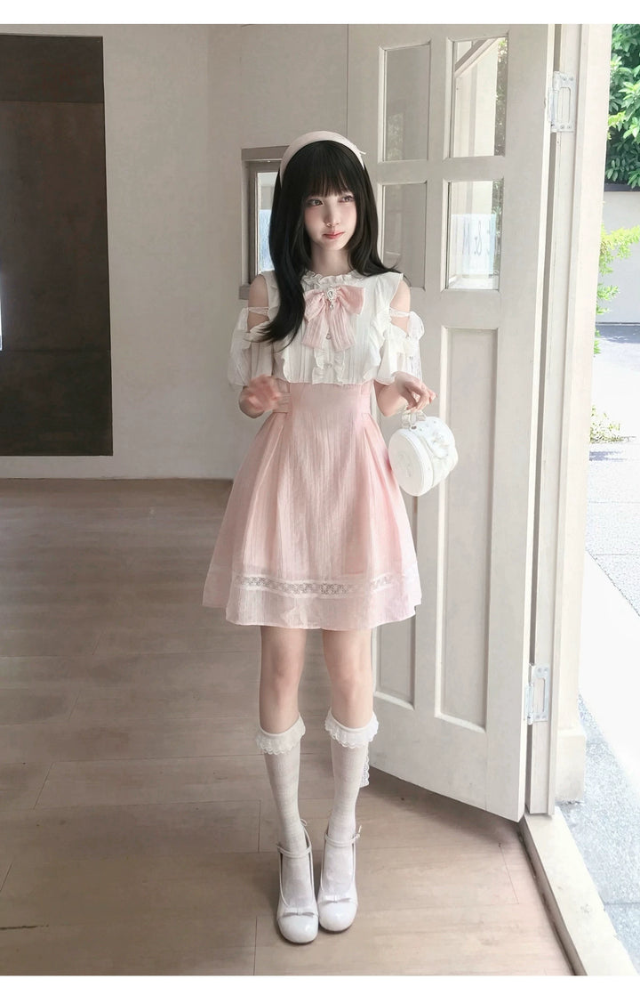 Ryousangata Lace Open Shoulder Dress, Pink & White 45751:863618