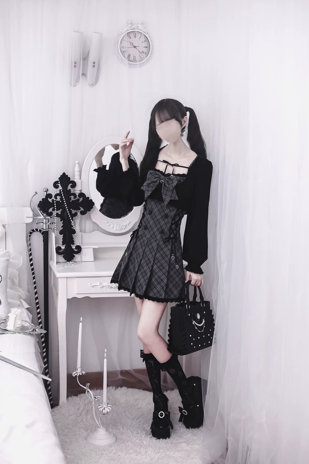 Jirai Kei Plaid Dress with Bolero, Pleated Hem 45934:869194