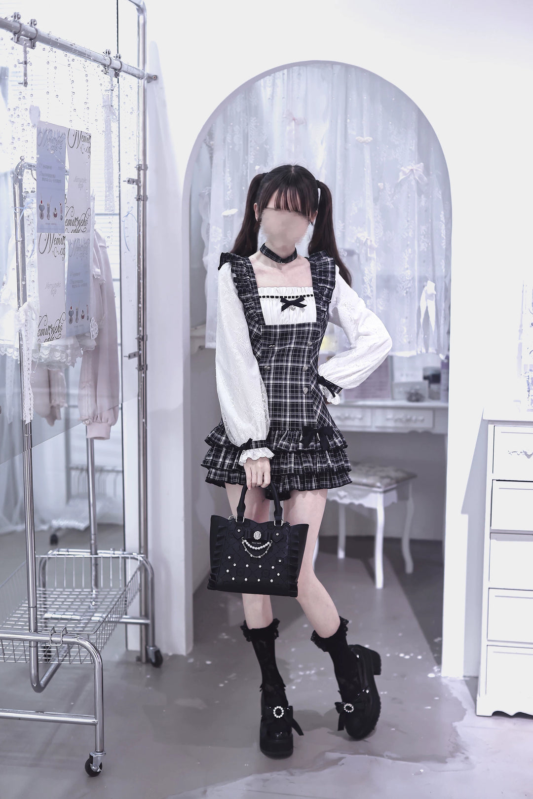 Jirai Kei Plaid Dress, White Lace Long Sleeve 45838:865315