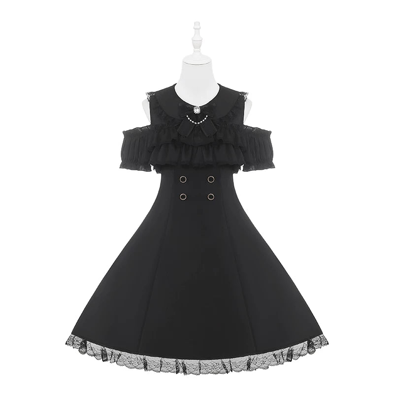 Jirai Kei Open Shoulder Dress, Layered Chest Ruffles (L M S XL) 45366:847735