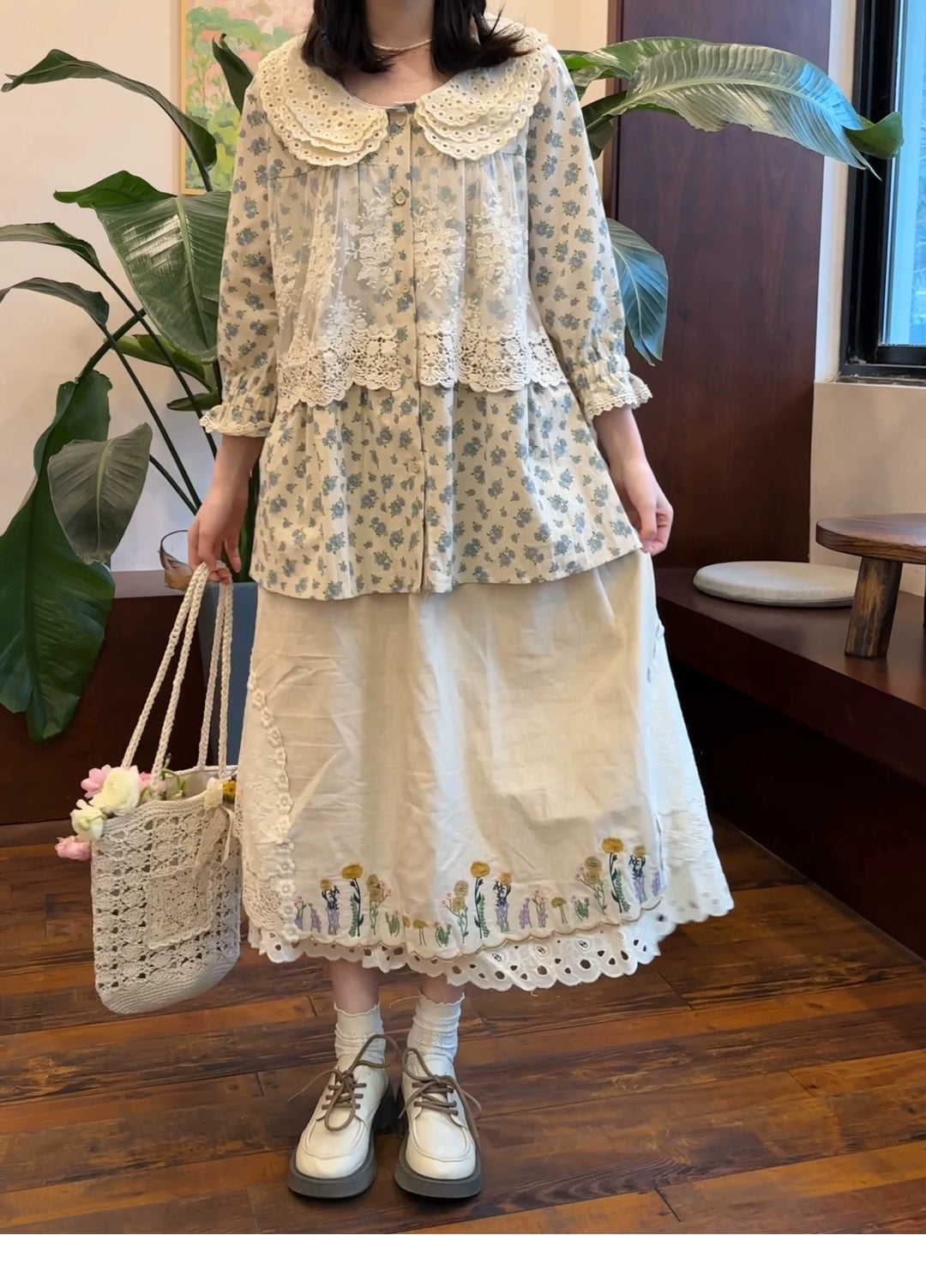 Mori Kei Skirt Sweet Retro Linen Embroidered Long Skirt 41802:714054