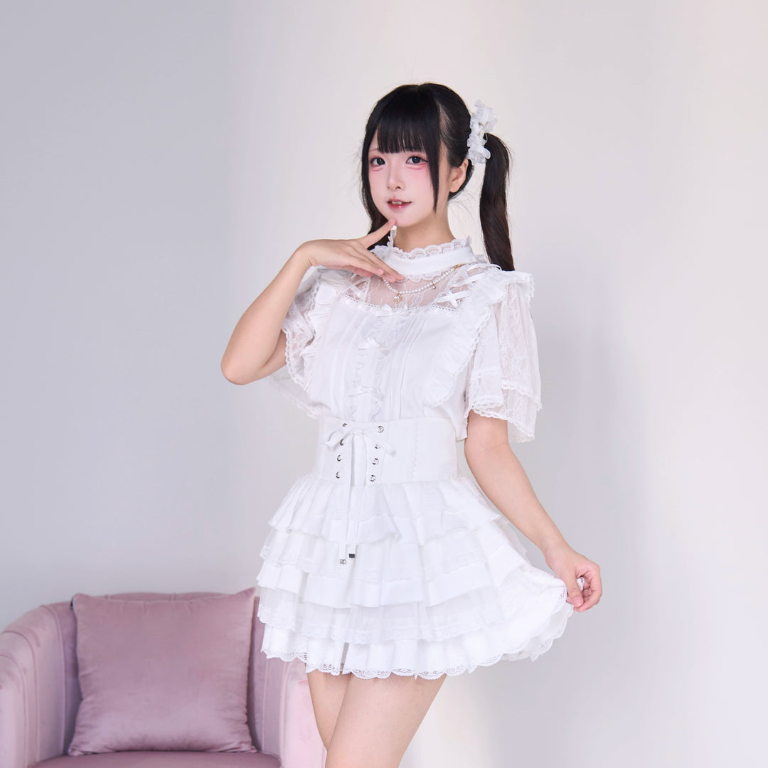 Jirai Kei Pearl Necklace Blouse & Lace-up Cake Skirt Set 43019:765676