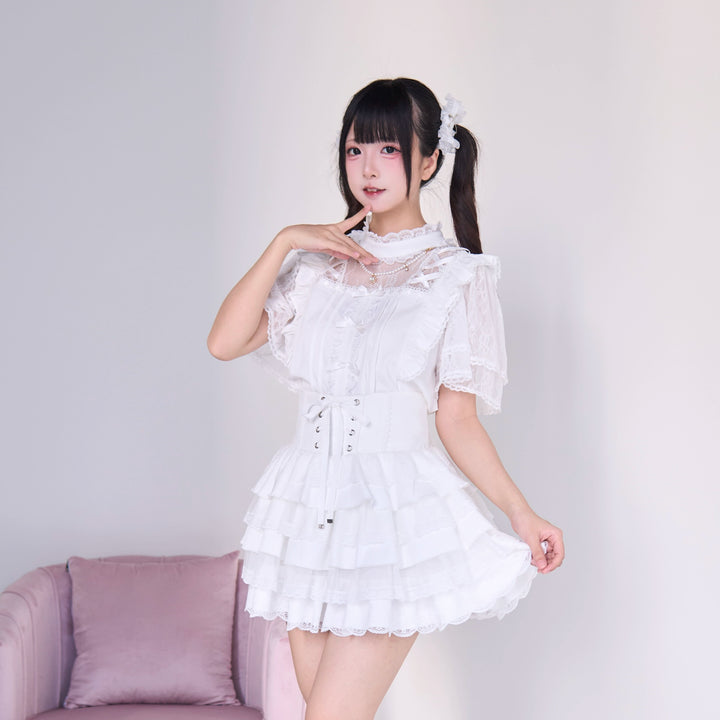 Jirai Kei Pearl Necklace Blouse & Lace-up Cake Skirt Set 43019:765676