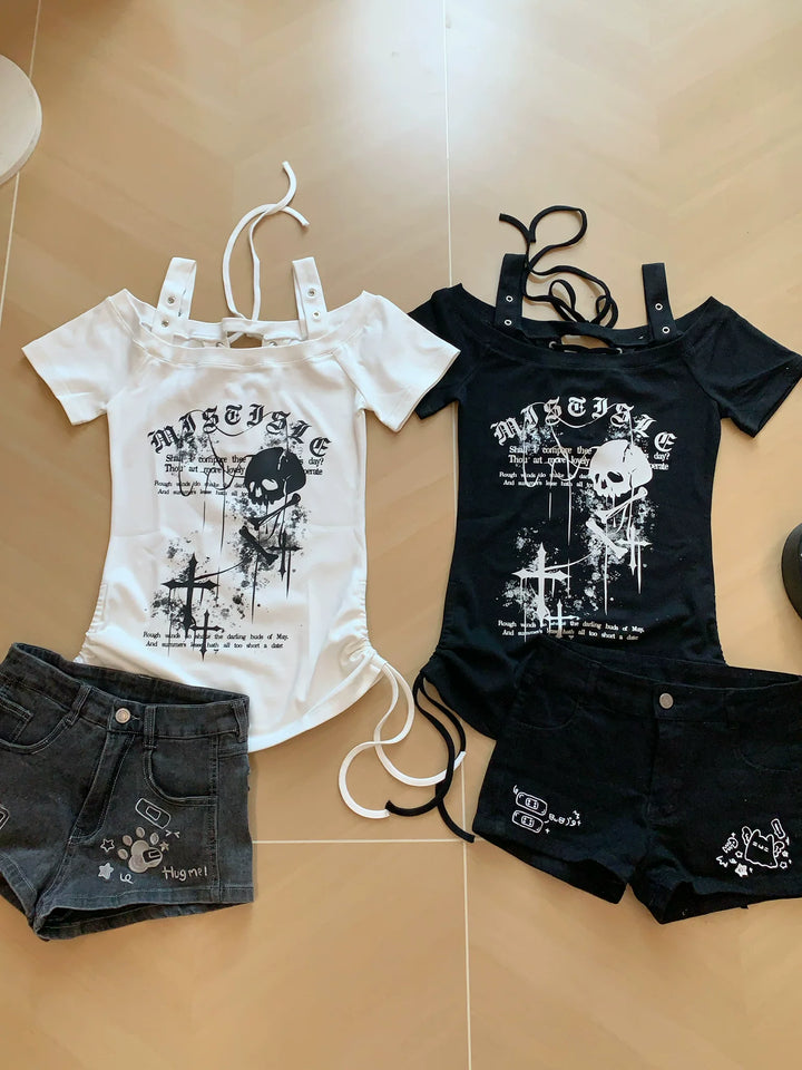 Subculture Skull Printed T-Shirt, Side Drawstring 45643:858220