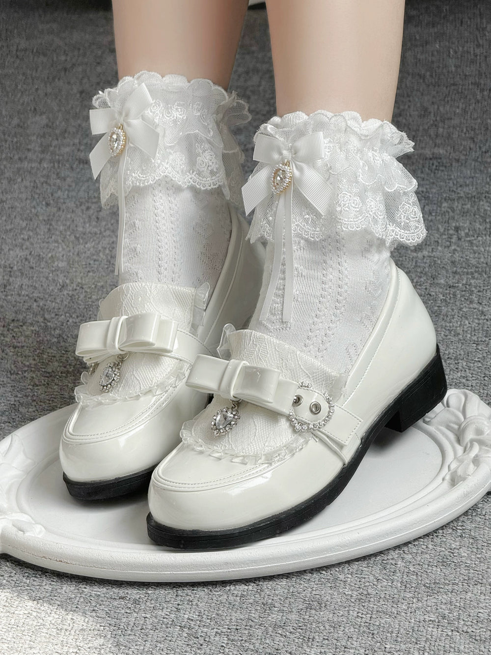 Jirai Kei Low-Heel Loafer Shoes, Rhinestones & Bow 43944:790307