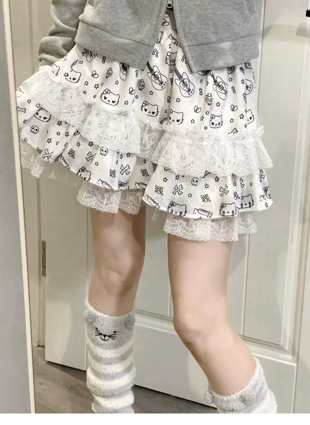 Y2K Skirt Kitty Print Lace Skirt Puff Cake Skirt 37736:586774