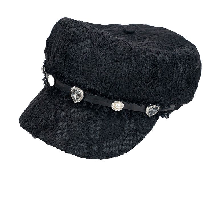 Jirai Kei Black Octagonal Hat with Rhinestone Lace (Black) 21572:311460