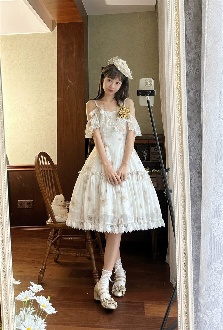 Lolita Dress Sunflower Print JSK White Strap Lolita Dress 36480:545916