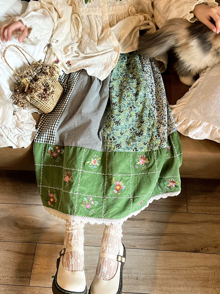 Mori Kei Skirt Green Floral Patchwork Skirt Vintage Skirt 36224:524896