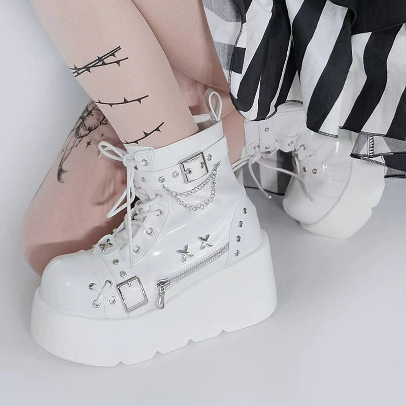 Punk Shoes Black White Platform Gyaru Fashion Combat Boots (34 35 36 37 38 39 40) 29710:368860