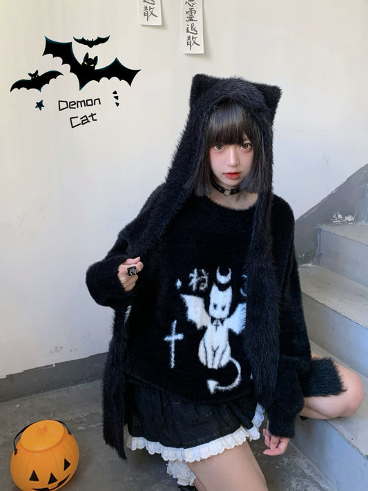 Jirai Kei Black Scarf Devil Cat Hat And Scarf 32634:421858