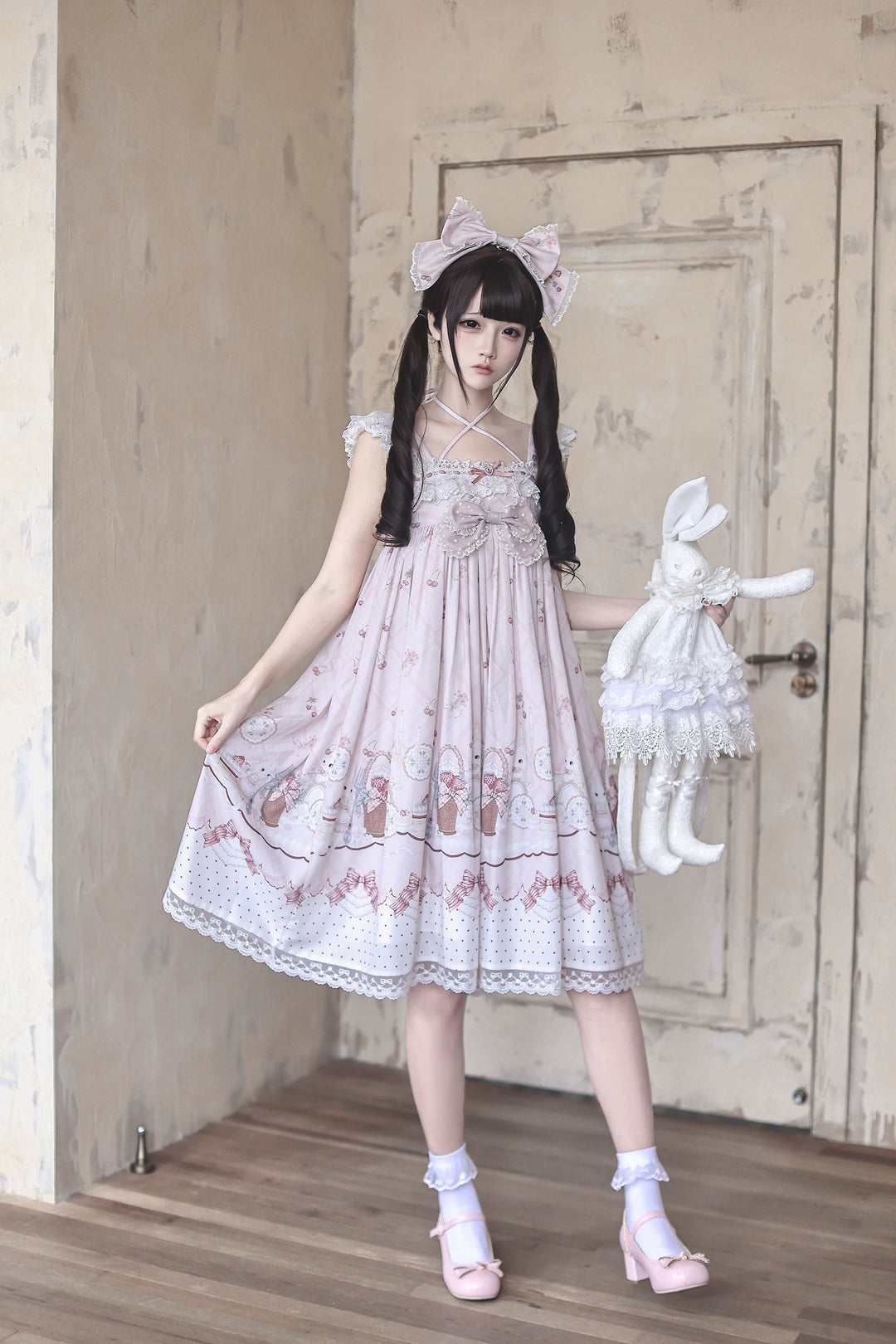 Strawberry Bunny Printed Kawaii Lolita Dress, Halter Neckline 45456:857960