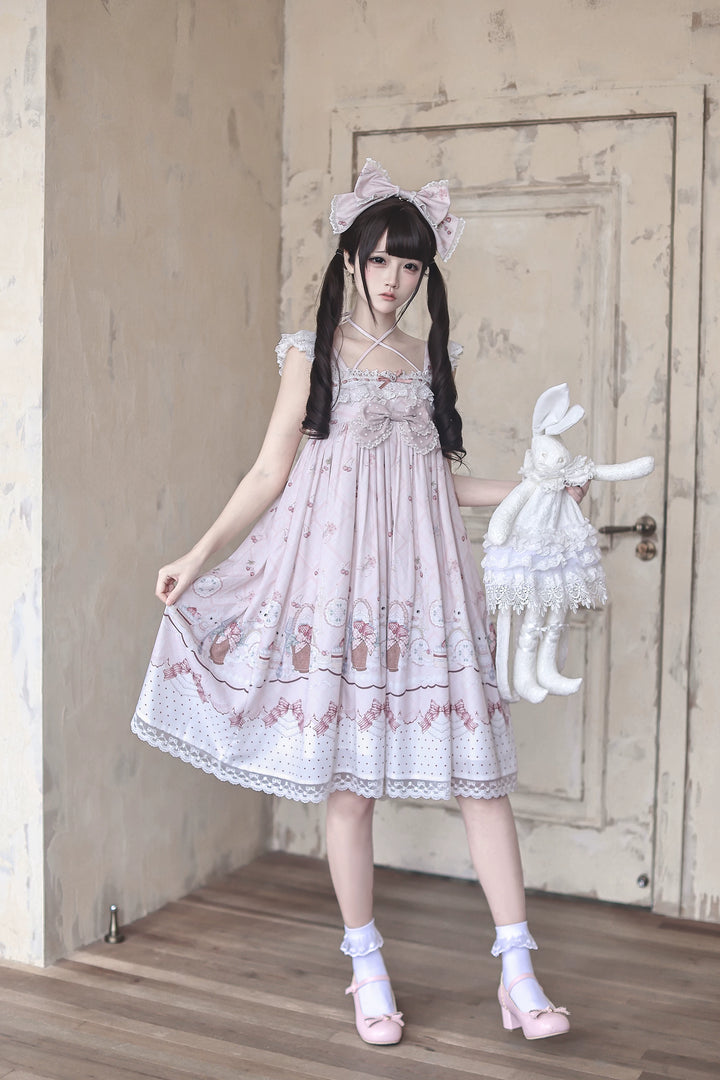Strawberry Bunny Printed Kawaii Lolita Dress, Halter Neckline 45456:857960