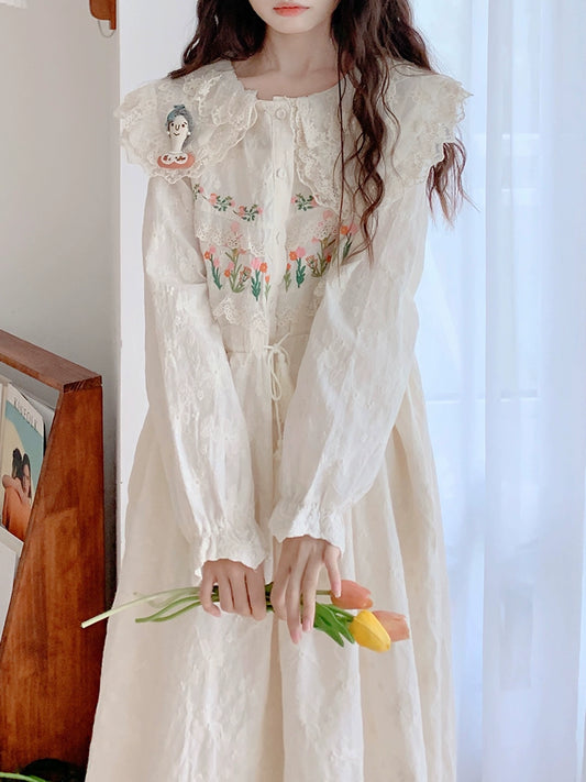 Mori Kei Peter Pan Collar Beige Lace Embroidery Long Sleeve Dress 22568:329358
