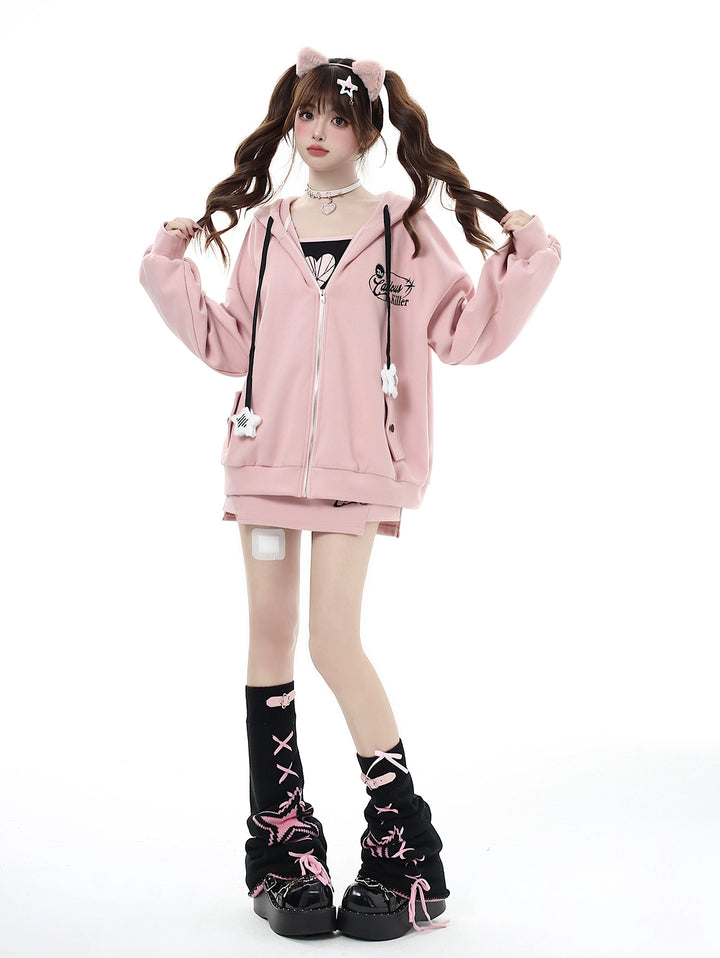 Jirai Kei Hoodie Zipper Jacket Casual Wear Skirt Set Pink Black 32456:439370