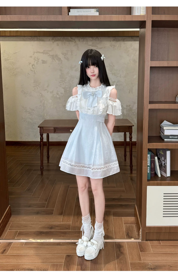 Seiso Kei Open Shoulder Dress, Blue & White Color Spliced 45752:861388