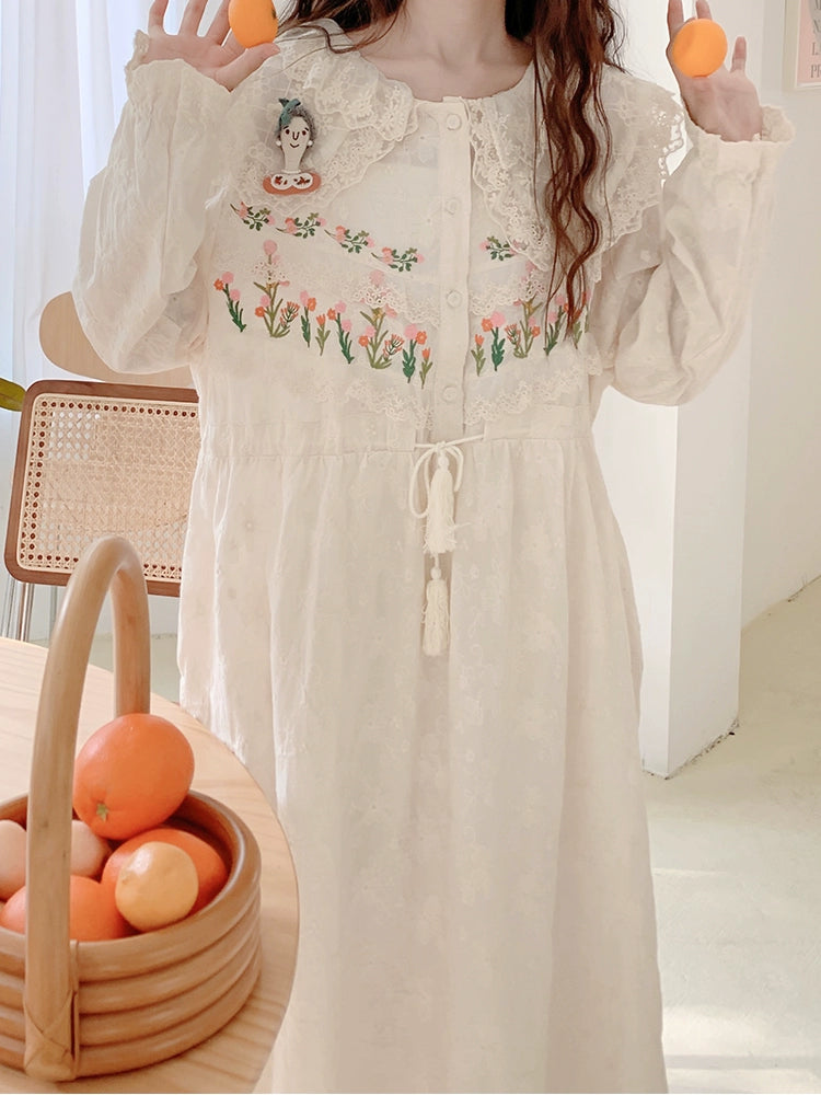 Mori Kei Peter Pan Collar Beige Lace Embroidery Long Sleeve Dress 22568:329370 22568:329370