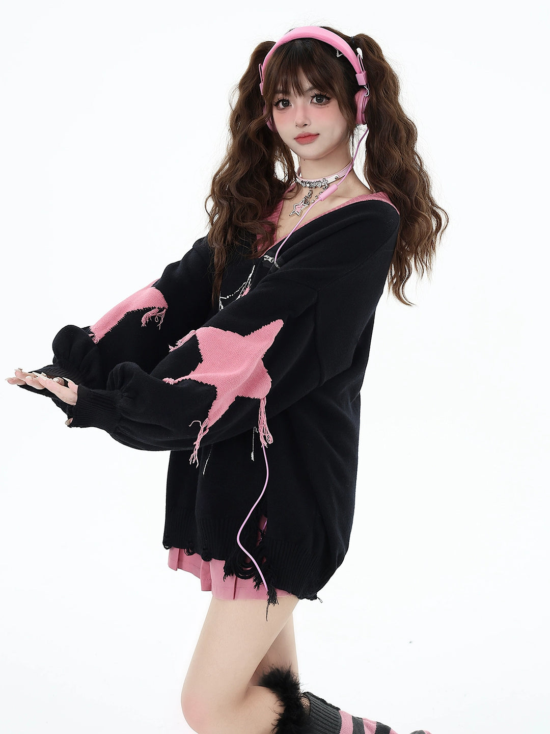 Black Pink Sweater Star Knit V-neck Pullover Sweater 32462:423406