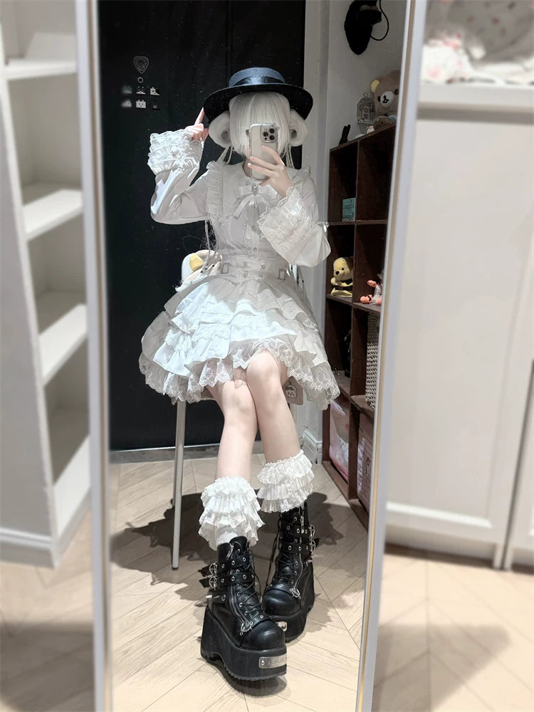 High-Waisted Jirai Kei Skirt, Lace Hem 44810:822740